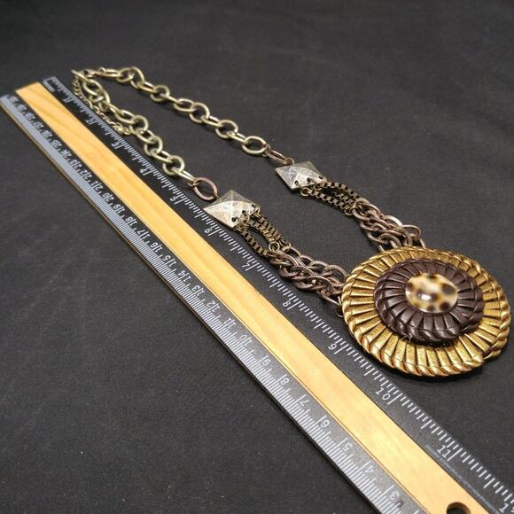 Boho Mixed Metal Colored Pendant Necklace,  Leather Woven Pendant, 22 Inches - Picture 4 of 8